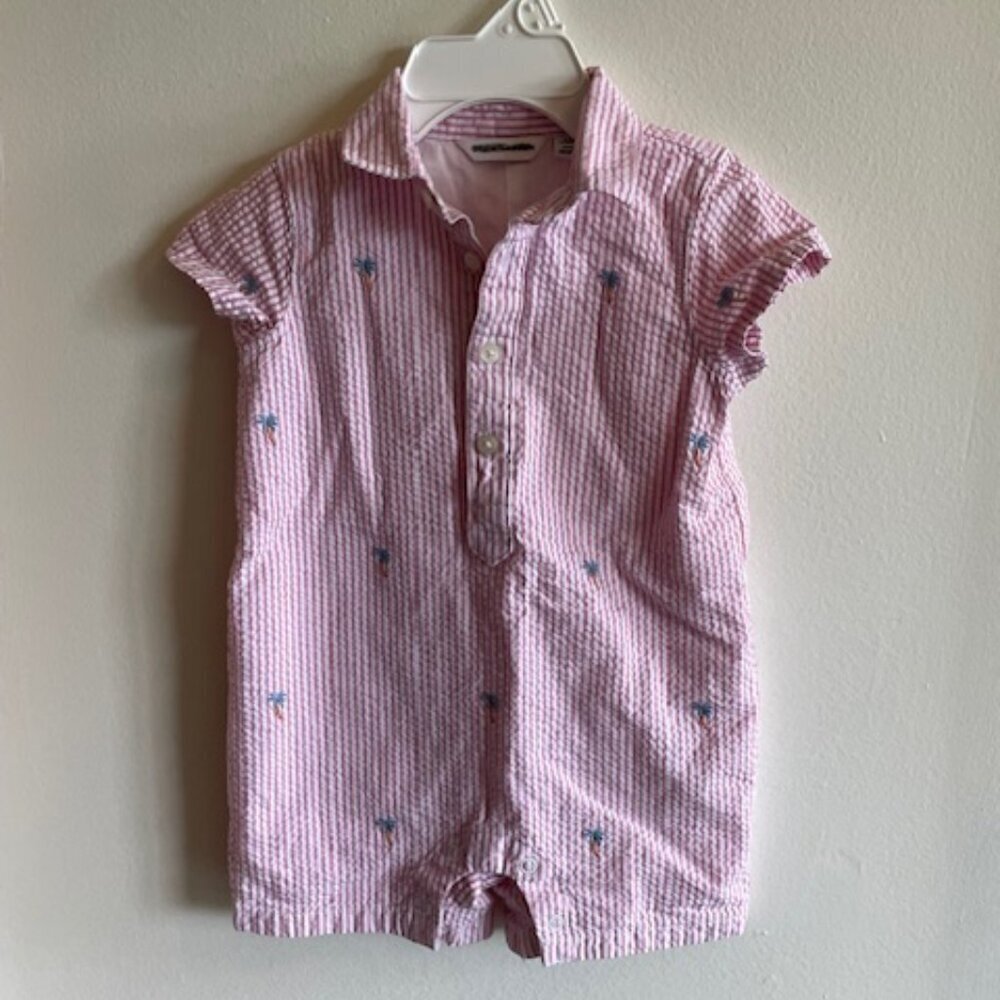 JANIE AND JACK Pink White Seersucker Palm Tree Embroidered Short Romper …